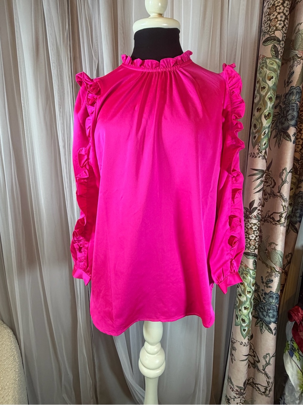 J. Crew Hot Pink Ruffle-Trim High Neck Blouse